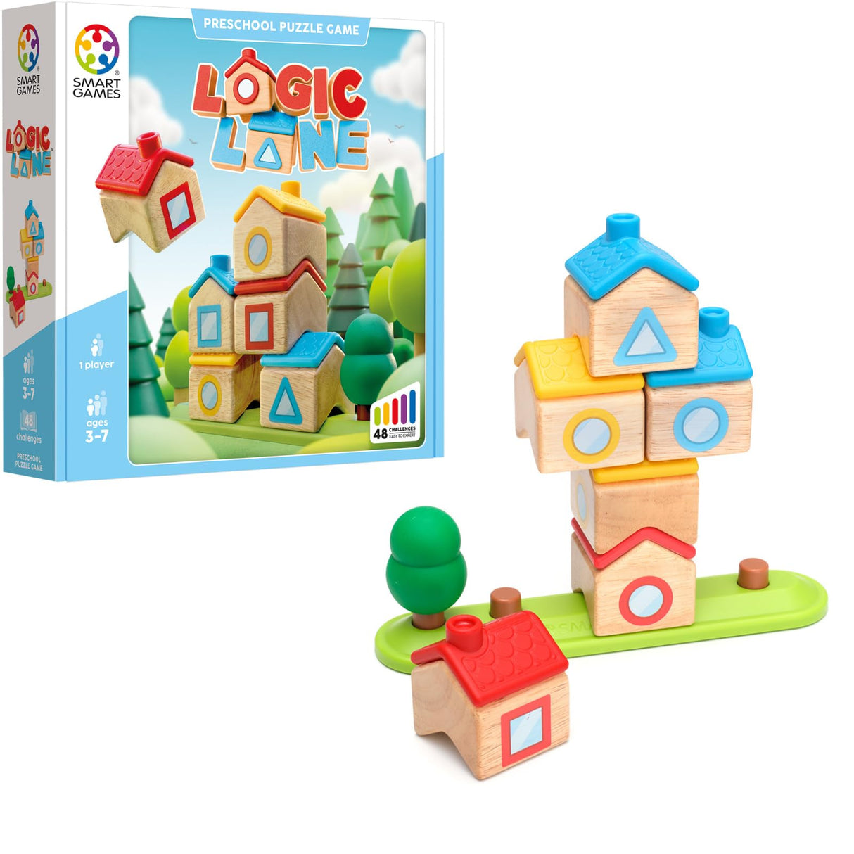 SmartGames Logic Lane, Wooden Stacking STEM Logic Game with 48 Challenges, Ages 3-7