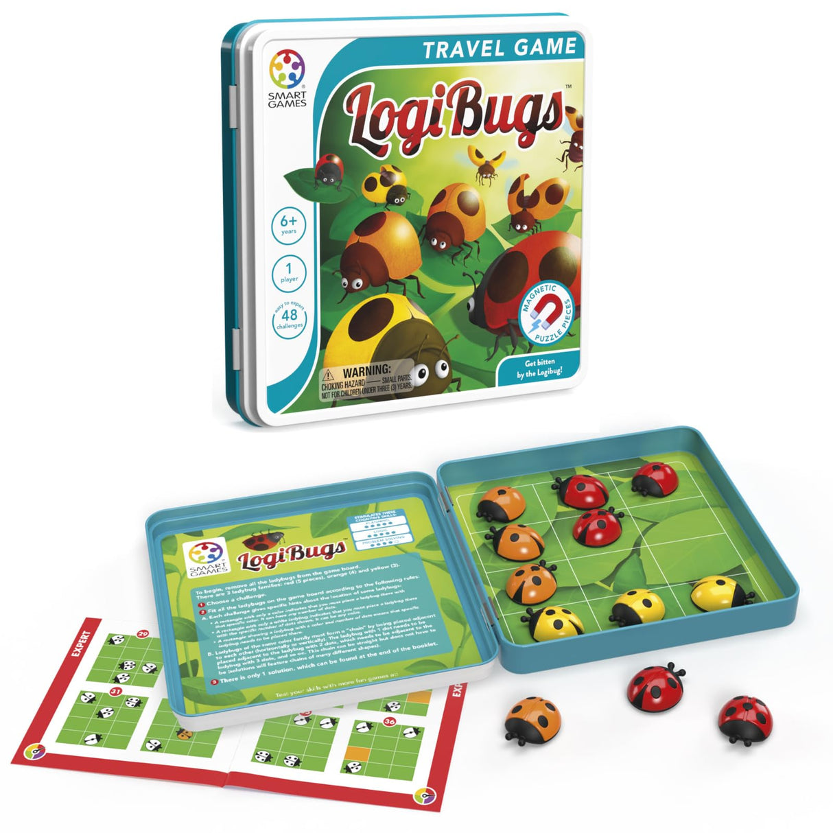 LogiBugs Metal Box Magnetic Travel Game with 48 Challenges for Ages 6+